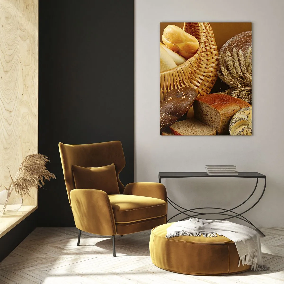 Impression sur verre - Image sur verre - Différents pains dans un panier en osier sur fond doré - 70x100cm - On s'en est encore sorti - Décoration murale moderne pour le salon et la chambre ARTTOR
