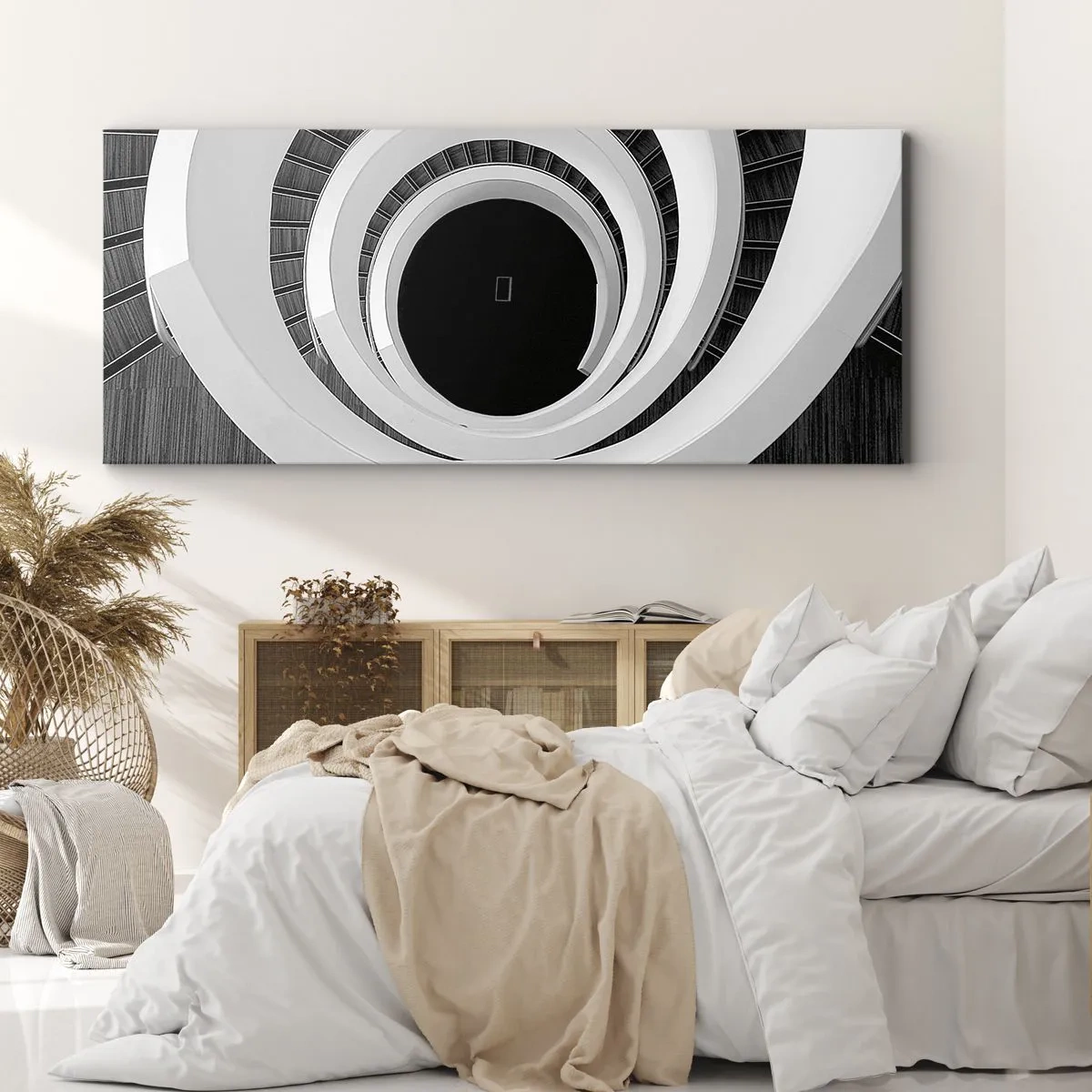 Impression sur toile - Image sur toile - Escalier en colimaçon noir et blanc de style moderne - 140x50cm - Les choses concrêtes - Décoration murale moderne pour le salon et la chambre ARTTOR