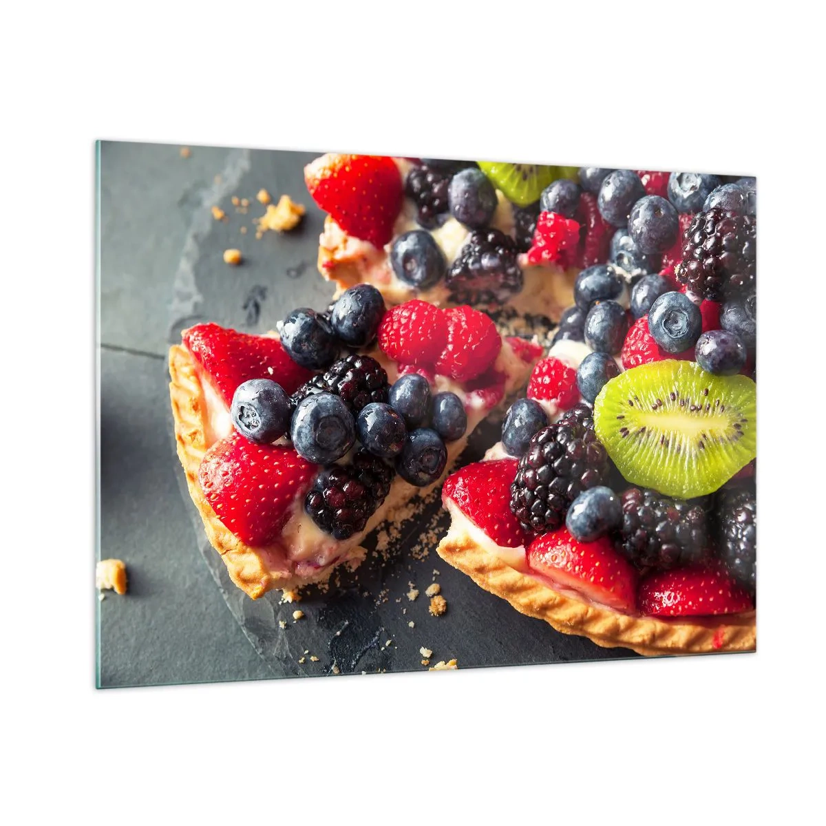 Impression sur verre - Image sur verre - Tarte aux fruits aux myrtilles, kiwi et fraises - 100x70cm - Dolce vita! - Décoration murale moderne pour le salon et la chambre ARTTOR