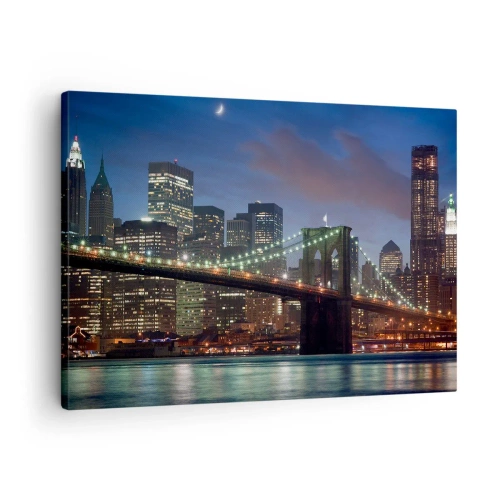 Impression sur toile - Image sur toile - Pont de New York la nuit avec bâtiments illuminés - 70x50cm - Nuit rougeoyante - Décoration murale moderne pour le salon et la chambre ARTTOR
