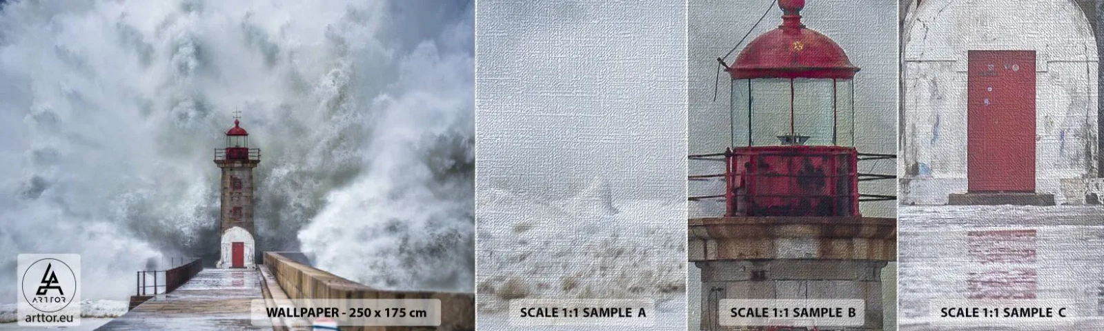 Échantillon de Papier Peint Premium Canvas - Le rugissement des eaux, le bruit soufflera - Phare, Paysage, Océan - 100x30 cm