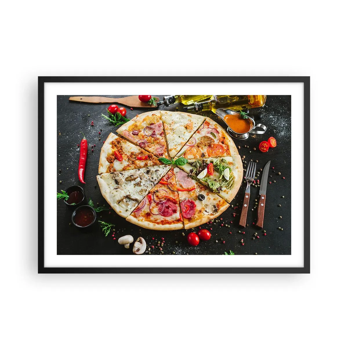 Affiche dans un cadre noir - Poster - Pizza aux saveurs variées avec un fond de garnitures - 70x50cm - Une gamme de saveurs - Décoration murale moderne pour le salon et la chambre ARTTOR