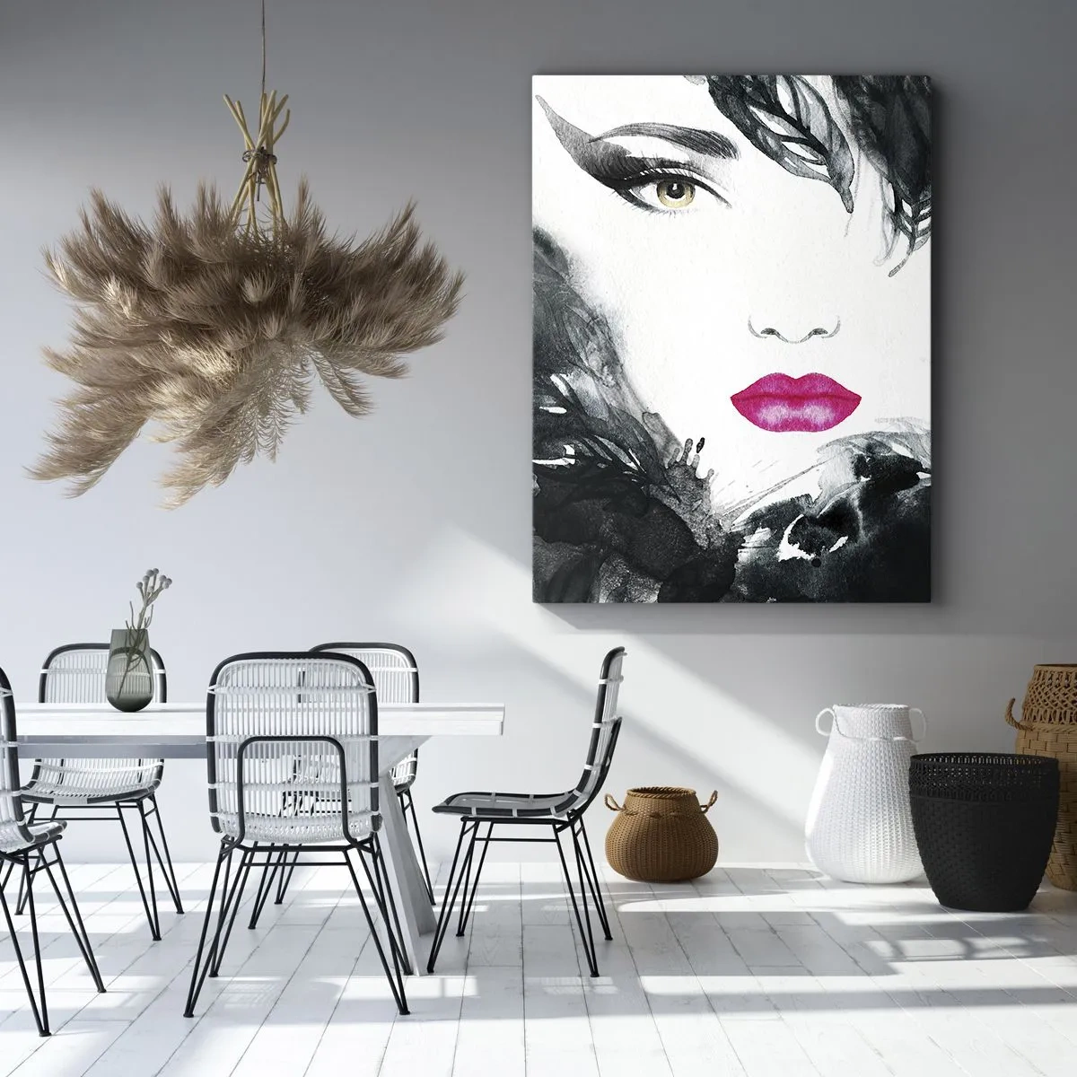Impression sur toile - Image sur toile - Portrait artistique d'une femme aux lèvres intensément roses - 50x70cm - Attention! Femme fatale - Décoration murale moderne pour le salon et la chambre ARTTOR