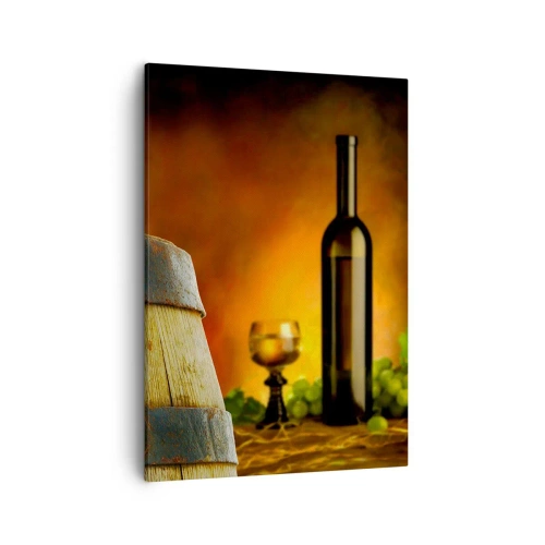 Impression sur toile - Image sur toile - Raisins sur un tonneau de vin avec une palette de couleurs chaudes en arrière-plan - 50x70cm - Nature morte avec une bouteille de vin et une grappe de raisin - Décoration murale moderne pour le salon et la chambre