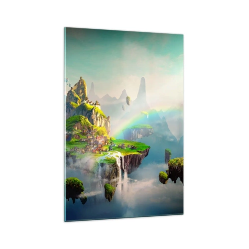 Impression sur verre - Image sur verre - Des îles volantes parmi les nuages avec un arc-en-ciel à l'horizon - 70x100cm - Au milieu des cieux - îles du bonheur - Décoration murale moderne pour le salon et la chambre ARTTOR