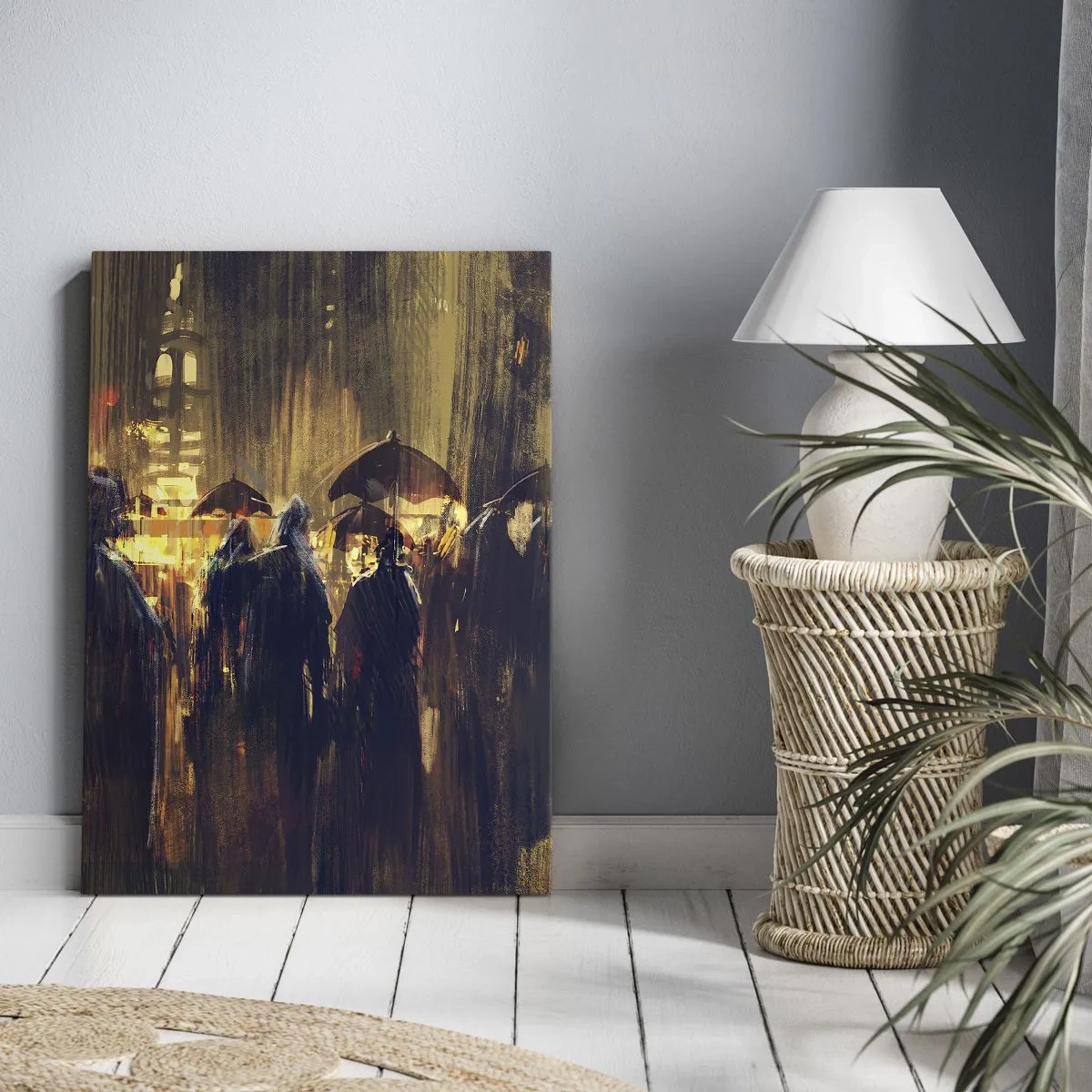 Impression sur toile - Image sur toile - Personnages avec des parapluies dans une ville pluvieuse la nuit - 80x120cm - Adeptes de la pluie - Décoration murale moderne pour le salon et la chambre ARTTOR