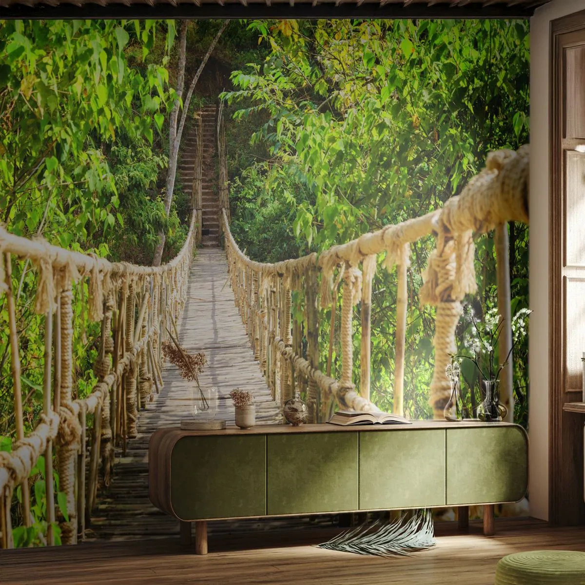 Papier Peint Autocollant Deluxe Sticker - Suspendu dans la nature - Jungle, Pont de corde, Nature - 150x105 cm