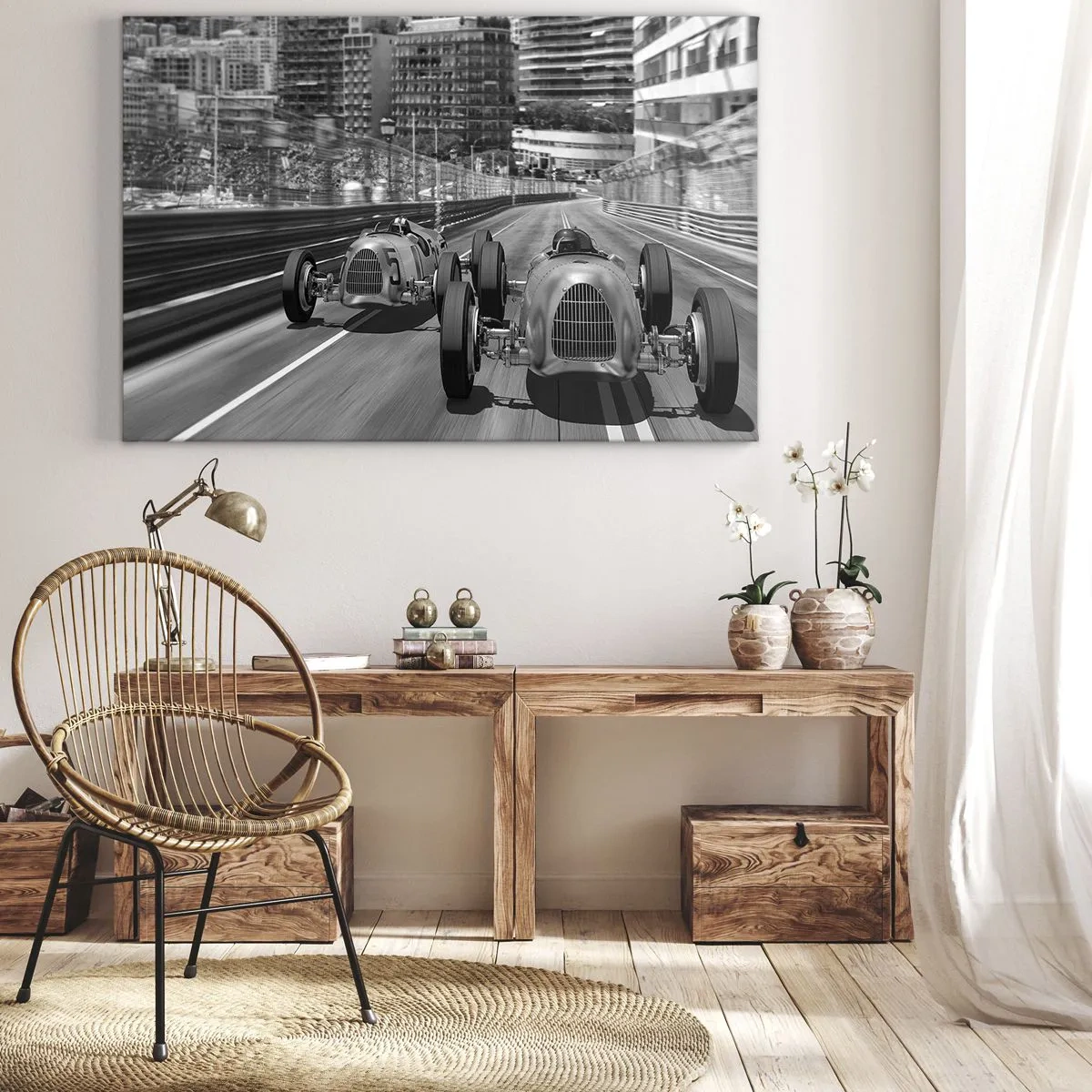 Impression sur toile - Image sur toile - Scène de course automobile rétro monochrome - 120x80cm - Il y a longtemps à Monté Carlo - Décoration murale moderne pour le salon et la chambre ARTTOR
