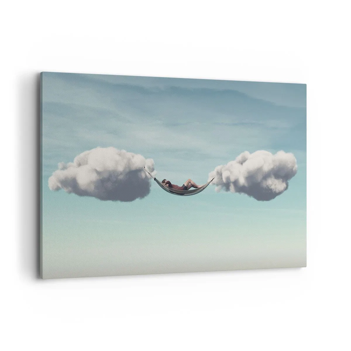 Impression sur toile - Image sur toile - Une personne se détendant dans un hamac suspendu dans les nuages - 100x70cm - Instant de bonheur - Décoration murale moderne pour le salon et la chambre ARTTOR