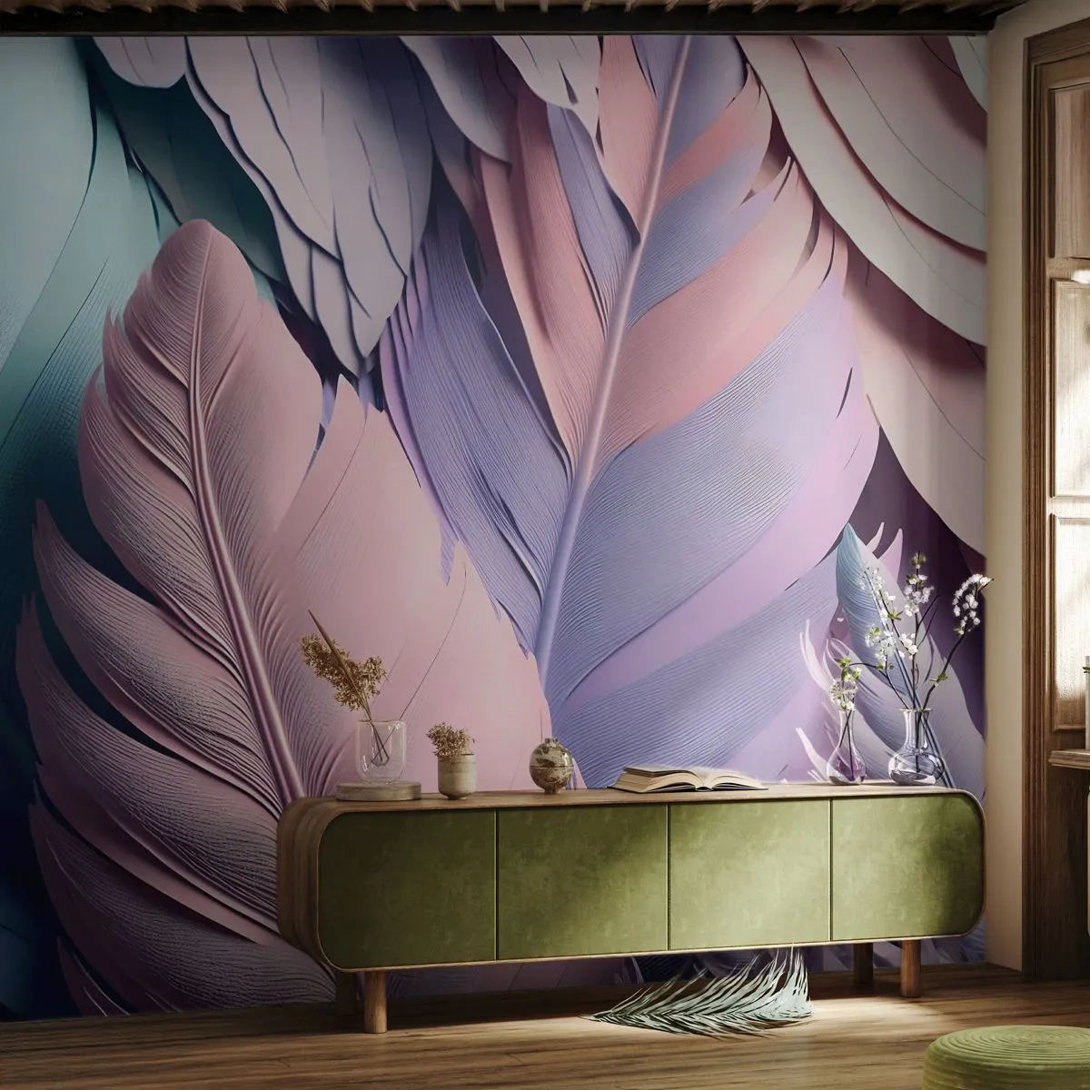 Papier Peint Photo Premium Sand - Oiseau chic - Pastel, Plumes, Légèreté - 500x350 cm