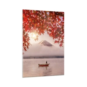 Impression sur verre - Image sur verre - Un bateau sur un lac entouré de feuilles d'érable rouges - 70x100cm - Dans le climat japonais - Décoration murale moderne pour le salon et la chambre ARTTOR