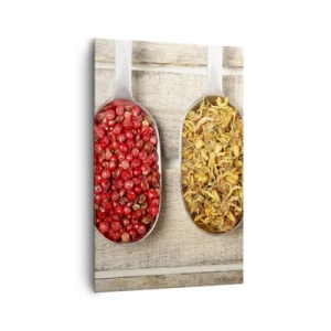 Impression sur toile - Image sur toile - Trois cuillères en métal avec des épices sur un fond en bois - 80x120cm - Magie de la cuisine - Décoration murale moderne pour le salon et la chambre ARTTOR