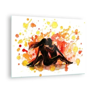 Impression sur verre - Image sur verre - Silhouette d'un couple sur un fond de taches d'aquarelle colorées - 70x50cm - Et la lumière fut - Décoration murale moderne pour le salon et la chambre ARTTOR