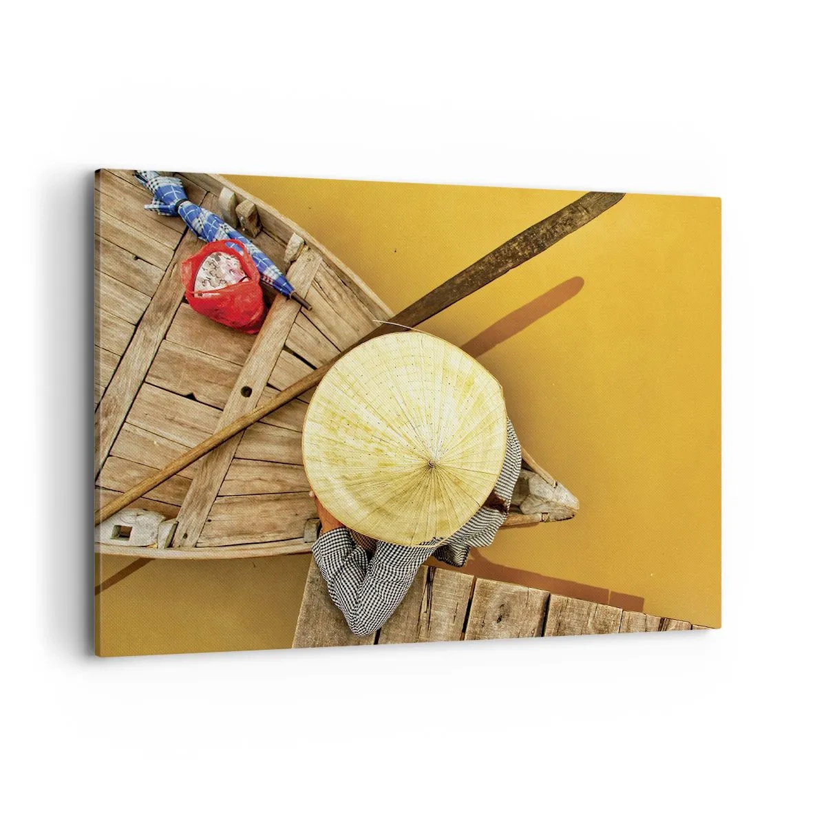 Impression sur toile - Image sur toile - Un bateau traditionnel vu à vol d'oiseau - 100x70cm - La vie sur le fleuve Jaune - Décoration murale moderne pour le salon et la chambre ARTTOR