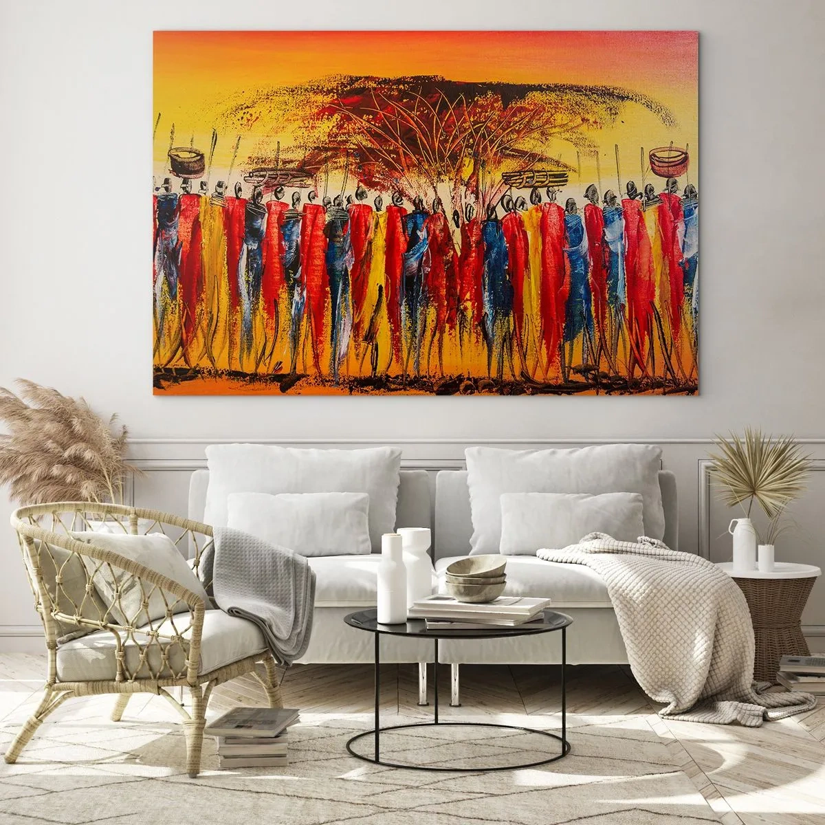 Impression sur verre - Image sur verre - Une scène colorée avec des gens en costumes traditionnels africains - 70x50cm - Là-bas, là-bas, ils vont là-bas - Décoration murale moderne pour le salon et la chambre ARTTOR