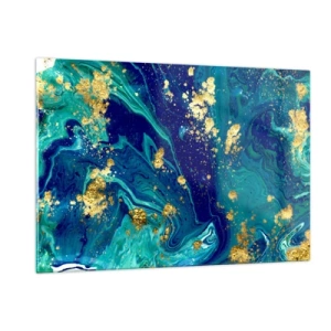 Impression sur verre - Image sur verre - Un motif abstrait dans des tons turquoise et bleu marine avec des accents dorés - 120x80cm - Les pétales du soleil - Décoration murale moderne pour le salon et la chambre ARTTOR