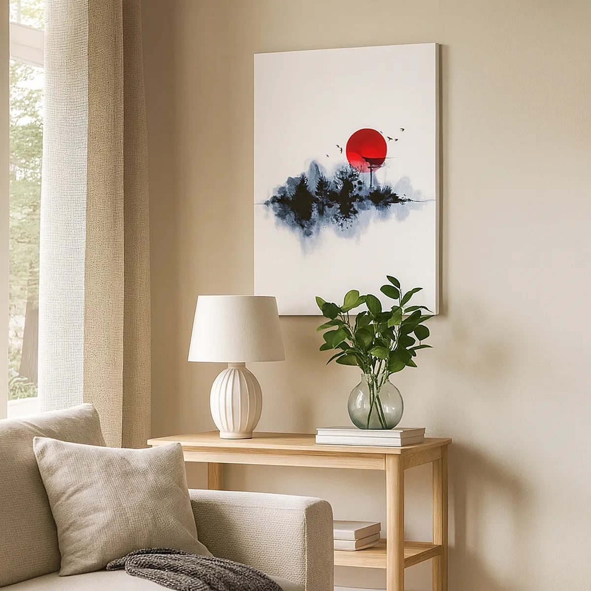 Impression sur toile - Image sur toile - Soleil rouge sur un paysage pittoresque avec torii - 50x70cm - Vue japonnaise - Décoration murale moderne pour le salon et la chambre ARTTOR