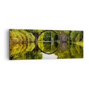 Impression sur toile - Image sur toile - Un pont de pierre sur une rivière avec un reflet parfait dans l'eau - 140x50cm - À la jonction de deux mondes - Décoration murale moderne pour le salon et la chambre ARTTOR
