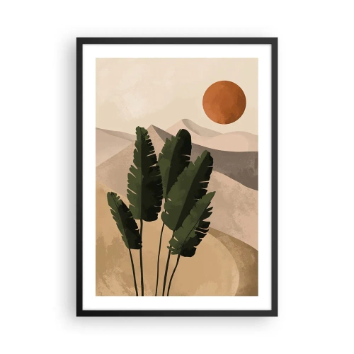 Affiche dans un cadre noir - Poster - Plantes dans un décor désertique avec le soleil couchant, paysage abstrait - 50x70cm - Le triomphe de la vie - Décoration murale moderne pour le salon et la chambre ARTTOR