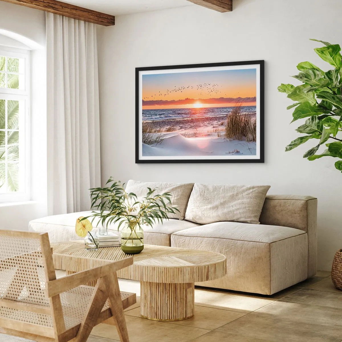 Affiche dans un cadre noir - Poster - Coucher de soleil sur la mer avec vue sur les dunes - 100x70cm - Paysage horizontal - Décoration murale moderne pour le salon et la chambre ARTTOR