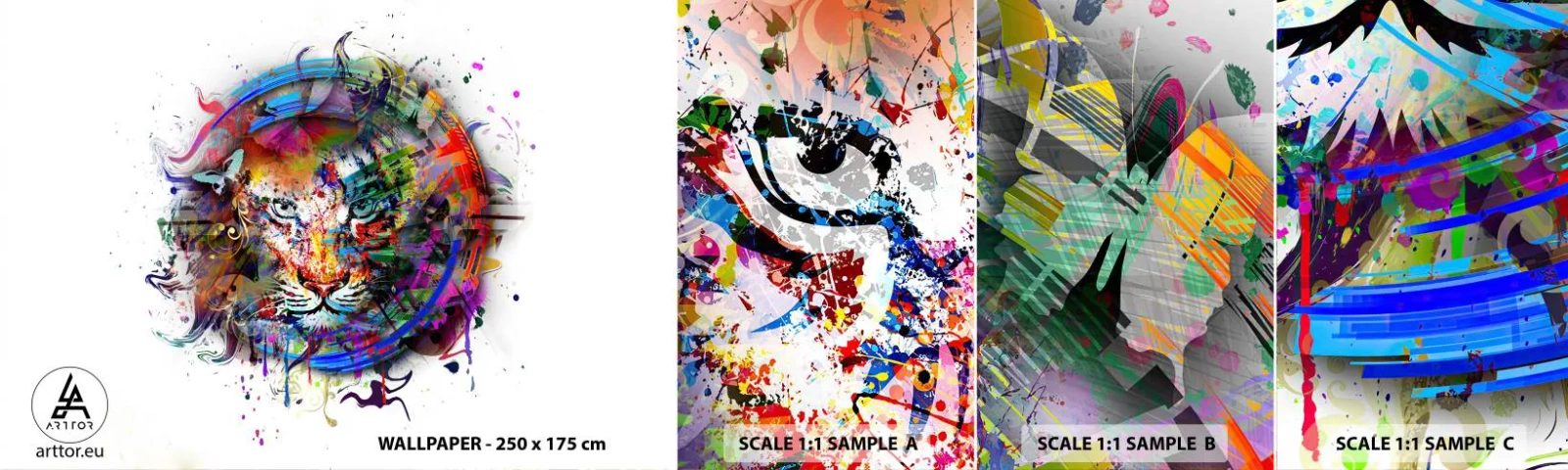 Échantillon De Papier Peint Standard Eco - Il se cache derrière un voile arc-en-ciel - Abstraction, Tigre, Graphique - 100x30 cm
