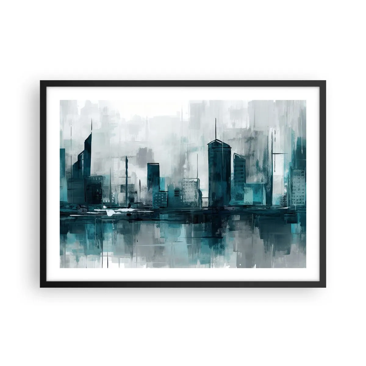 Affiche dans un cadre noir - Poster - Une ville moderne aux tons turquoise et gris - 70x50cm - Une ville couleur de pluie - Décoration murale moderne pour le salon et la chambre ARTTOR