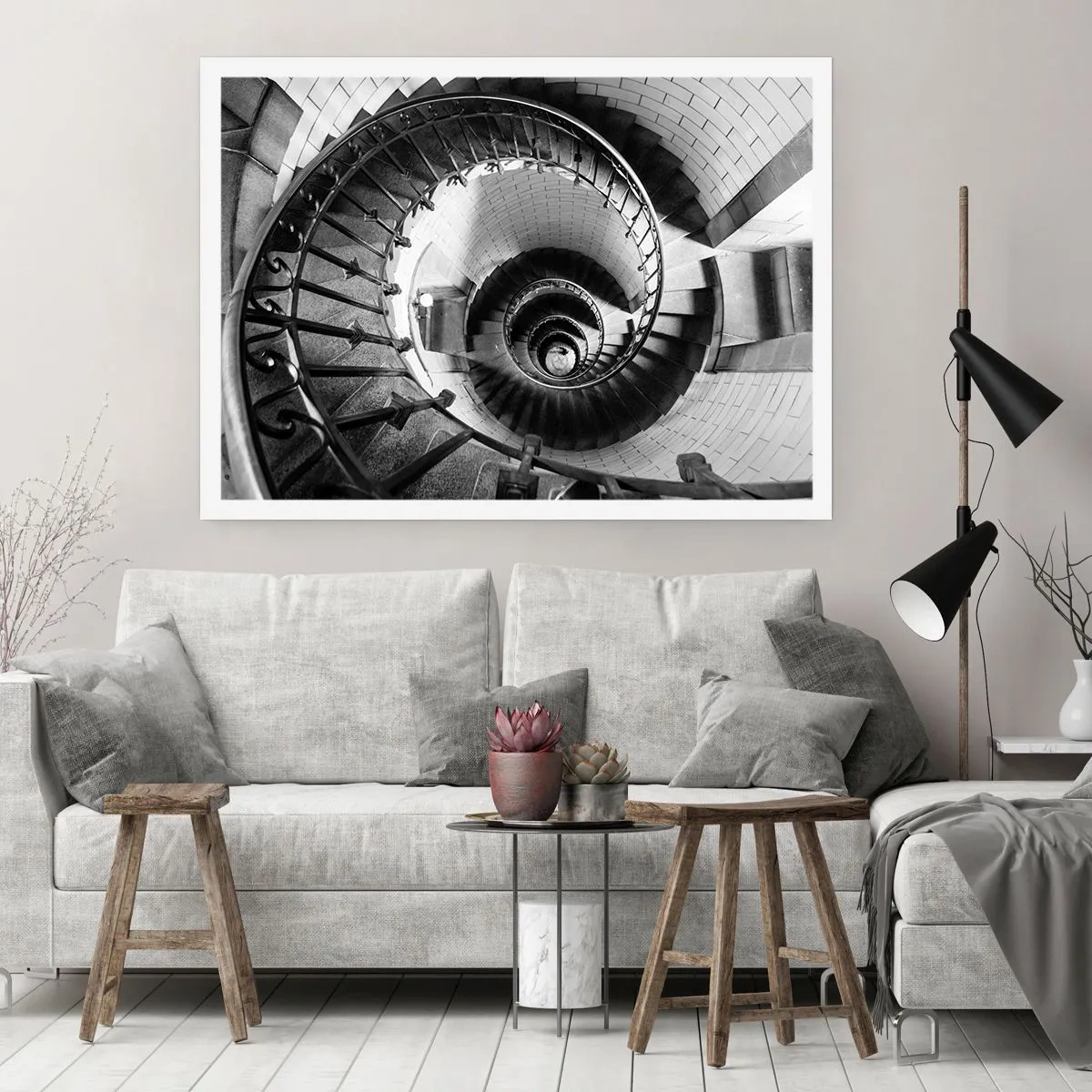 Affiche - Poster - Photographie en noir et blanc d'un escalier en colimaçon avec une perspective de haut en bas - 100x70cm - De plus en plus haut - Décoration murale moderne pour le salon et la chambre ARTTOR