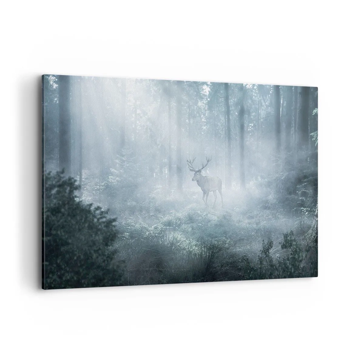 Impression sur toile - Image sur toile - Un cerf dans une forêt dense enveloppée de brume matinale - 120x80cm - Visite matinale du domaine - Décoration murale moderne pour le salon et la chambre ARTTOR