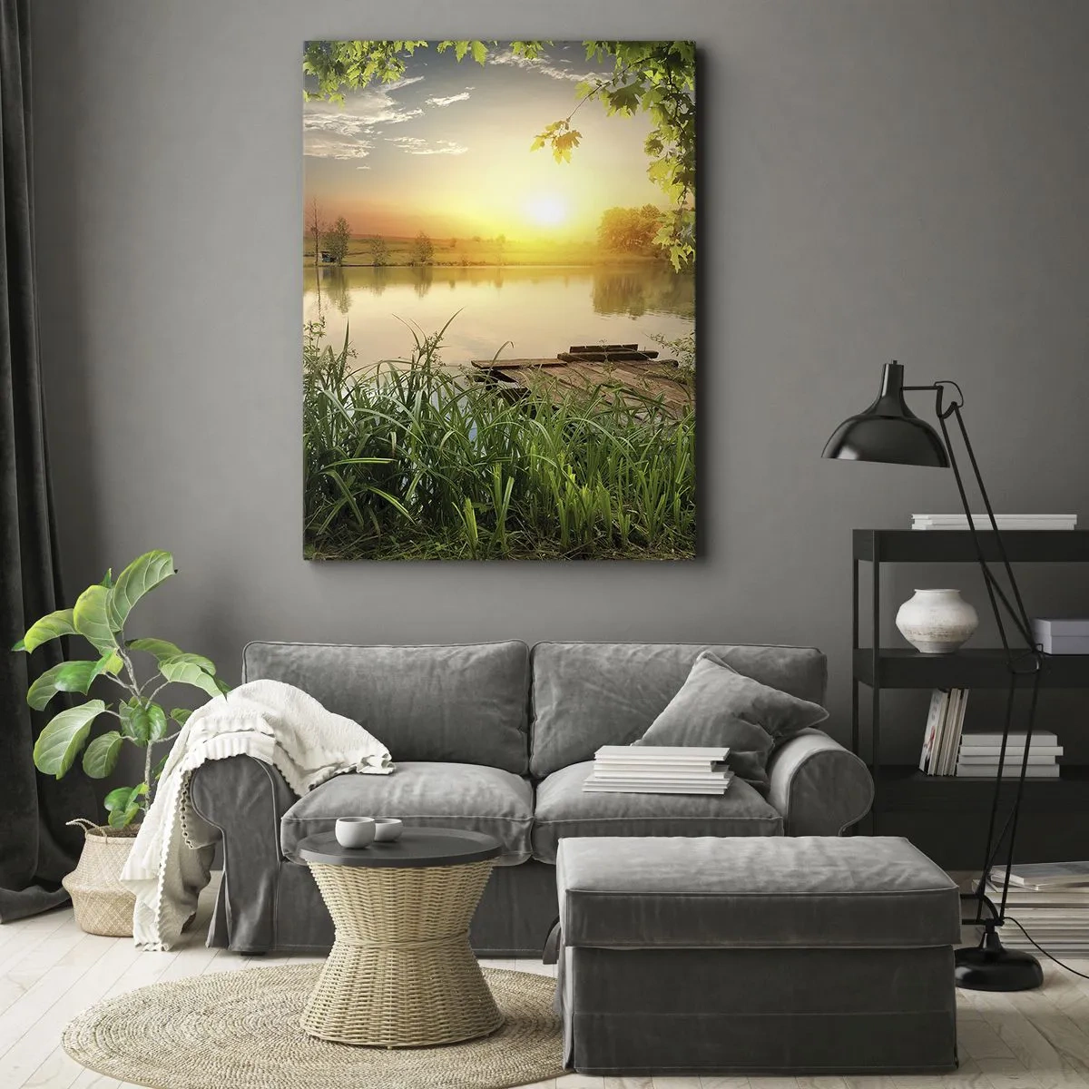 Impression sur toile - Image sur toile - Paysage verdoyant avec un lac au coucher du soleil - 70x100cm - Paysage dans un cadre verdoyant - Décoration murale moderne pour le salon et la chambre ARTTOR