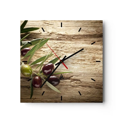 Horloge murale - Pendule murale - Branche d'olivier avec des fruits sur un fond de bois vieilli - 30x30cm - Directement de la nature - Décoration murale moderne pour le salon et la chambre ARTTOR