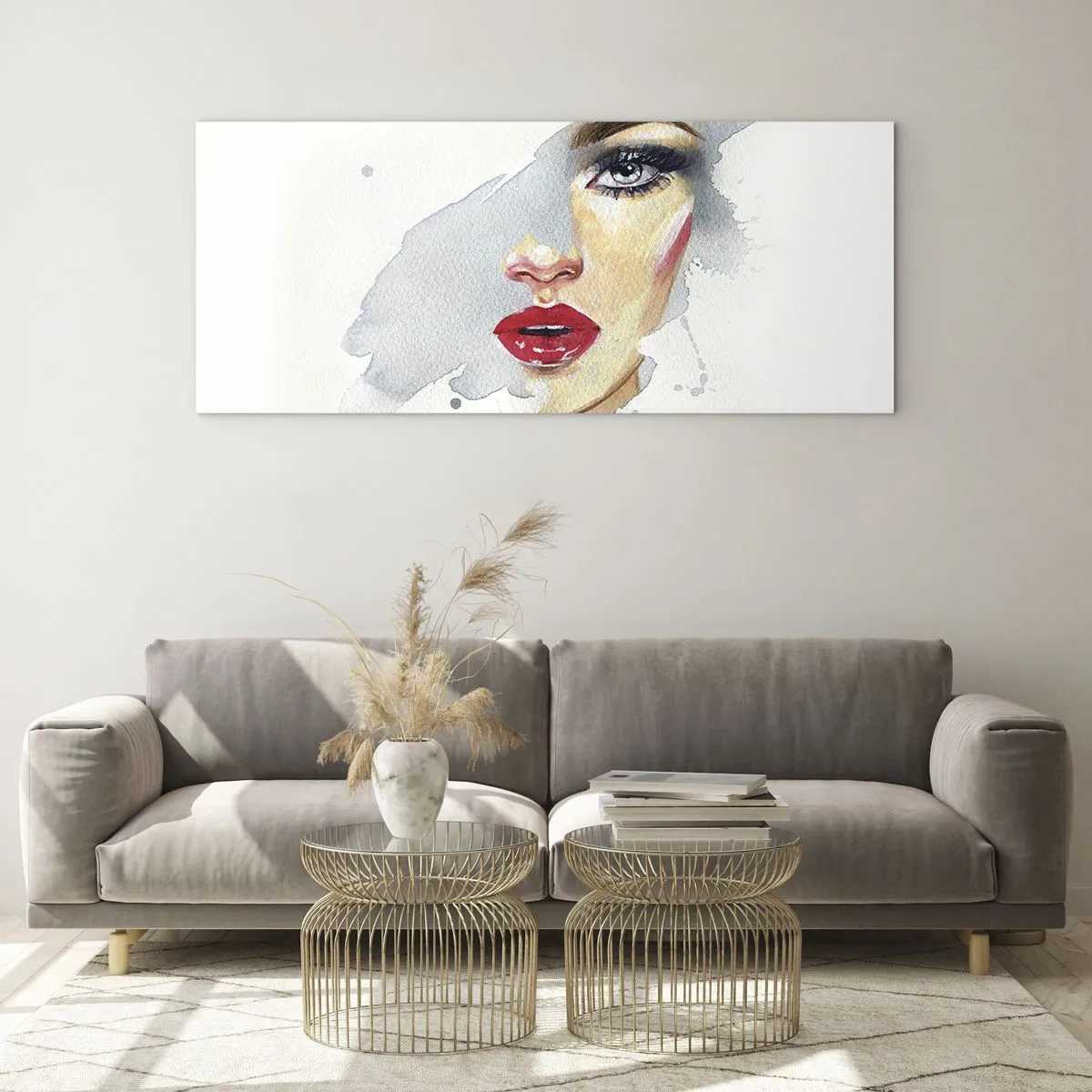 Impression sur verre - Image sur verre - Portrait à l'aquarelle d'une femme au regard intense. - 160x50cm - Reflet dans une goutte d'eau - Décoration murale moderne pour le salon et la chambre ARTTOR