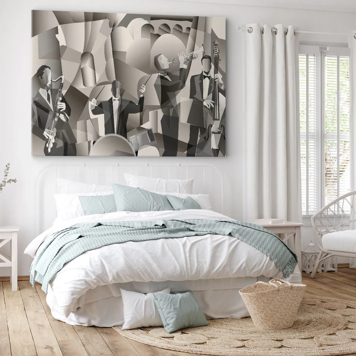 Impression sur toile - Image sur toile - Scène abstraite avec des musiciens de jazz dans des tons de gris. - 70x50cm - Dans l'espace des sons - Décoration murale moderne pour le salon et la chambre ARTTOR