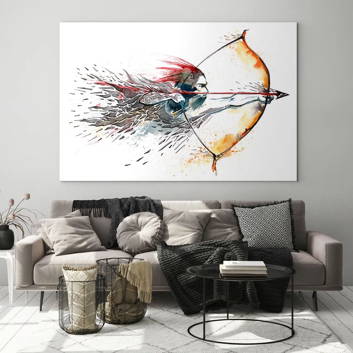 Impression sur verre - Image sur verre - Archer dans un décor d'aquarelle dynamique - 120x80cm - Guerrier mythique avec un arc de feu - Décoration murale moderne pour le salon et la chambre ARTTOR