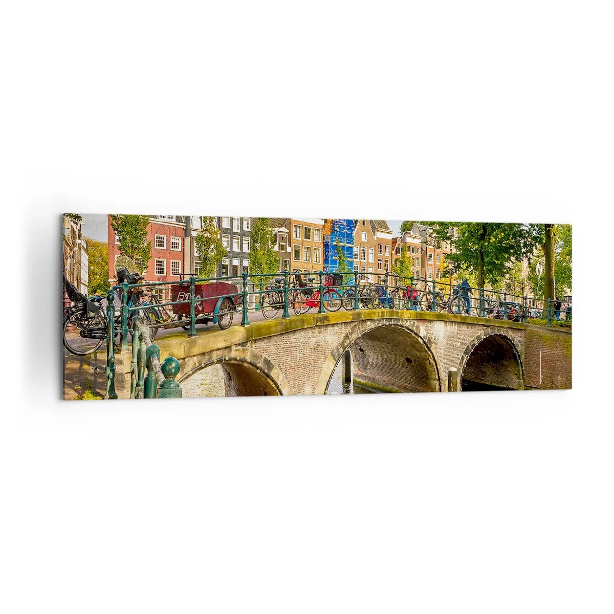 Impression sur toile - Image sur toile - Un canal pittoresque avec un pont à Amsterdam - 160x50cm - Le printemps sur le canal - Décoration murale moderne pour le salon et la chambre ARTTOR