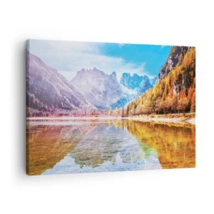 Impression sur toile - Image sur toile - Paysage de montagne d'automne avec un lac - 70x50cm - C'est déjà le printemps à la montagne - Décoration murale moderne pour le salon et la chambre ARTTOR