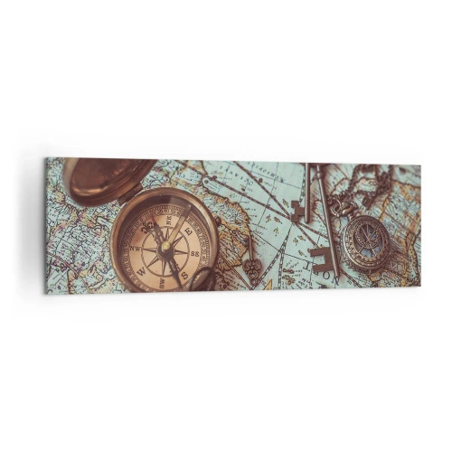 Impression sur toile - Image sur toile - Composition avec une boussole, des clés et une vieille carte dans un style rétro - 160x50cm - Pour ceux qui recherche l'aventure - Décoration murale moderne pour le salon et la chambre ARTTOR