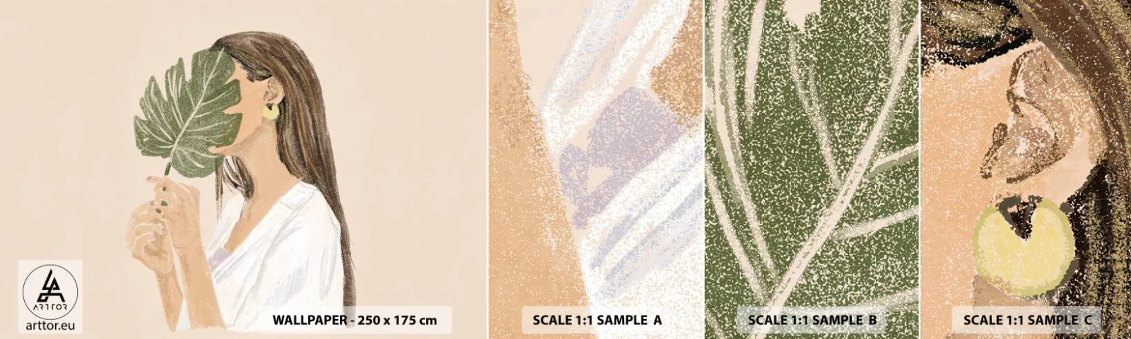 Échantillon de Papier Peint Autocollant Deluxe Sticker - Portrait mystérieux avec un éventail - Feuille, Femme, Bohème - 100x30 cm