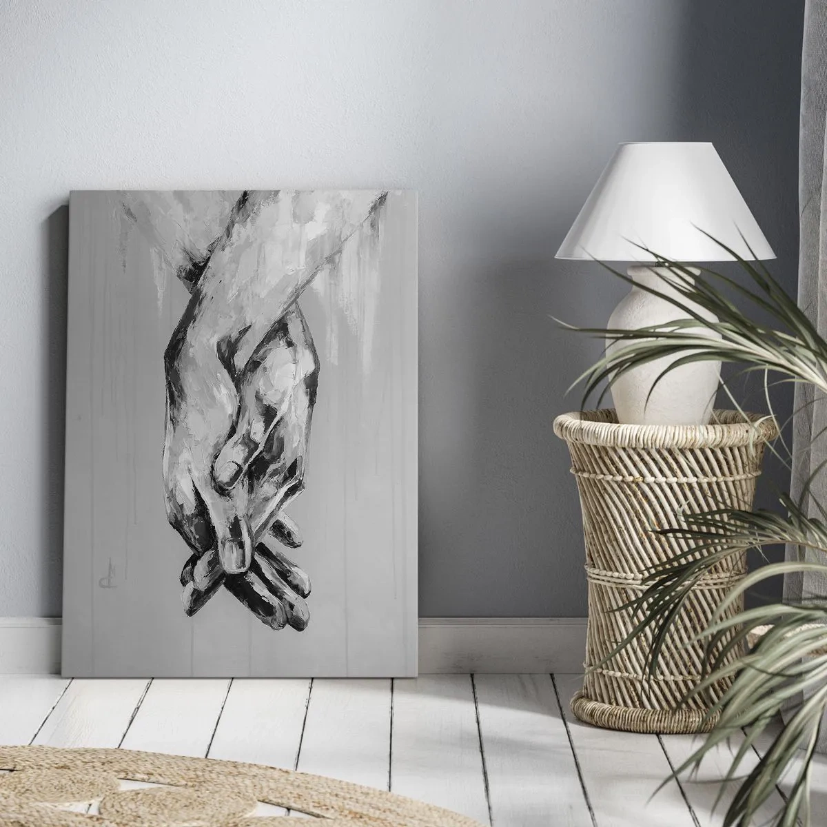 Impression sur toile - Image sur toile - Une composition en noir et blanc de deux mains jointes sur un fond clair. - 70x100cm - Début... - Décoration murale moderne pour le salon et la chambre ARTTOR
