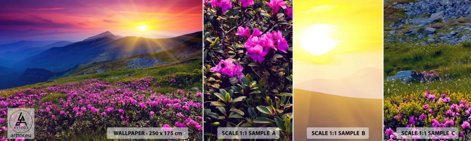 Échantillon De Papier Peint Standard Eco - … Et autour, ça sent le pin des montagnes et l'odeur de la prairie - Paysage, Montagnes, Coucher de soleil - 100x30 cm