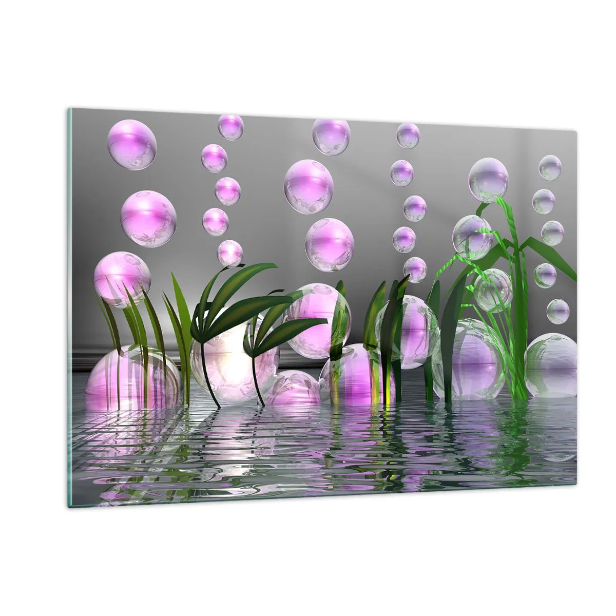 Impression sur verre - Image sur verre - Bulles violettes flottant au-dessus de l'eau avec des plantes - 120x80cm - Une composition réfléchissante de légèreté et de vie - Décoration murale moderne pour le salon et la chambre ARTTOR