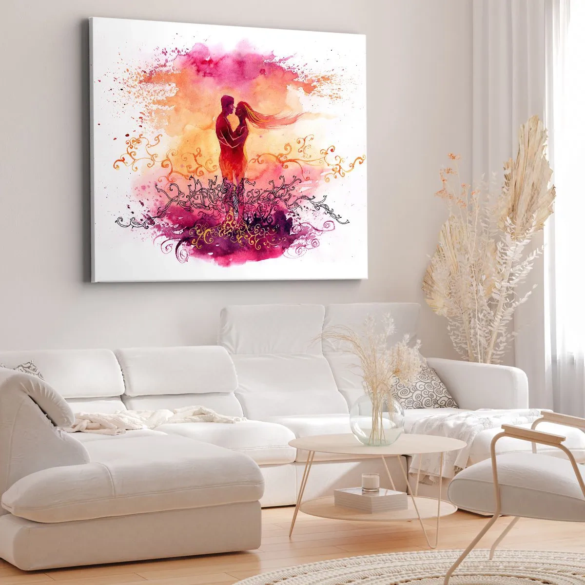 Impression sur toile - Image sur toile - Un couple s'embrassant sur un motif abstrait rose et orange - 70x50cm - Un coeur! Je n'ai pas besoin de beaucoup… - Décoration murale moderne pour le salon et la chambre ARTTOR
