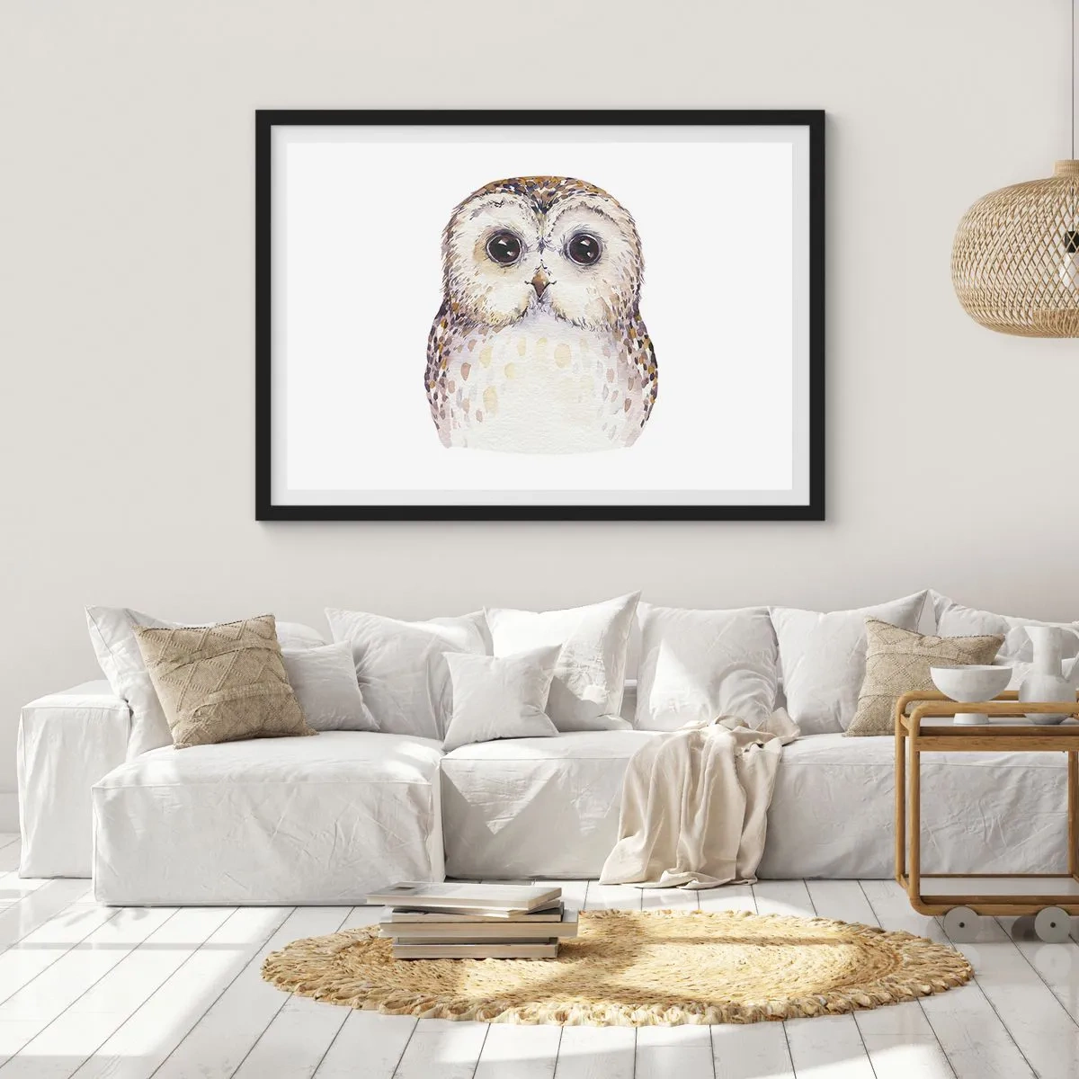 Affiche dans un cadre noir - Poster - Portrait d'un hibou sur fond clair aux couleurs délicates - 70x50cm - Regarde-moi dans les yeux - Décoration murale moderne pour le salon et la chambre ARTTOR