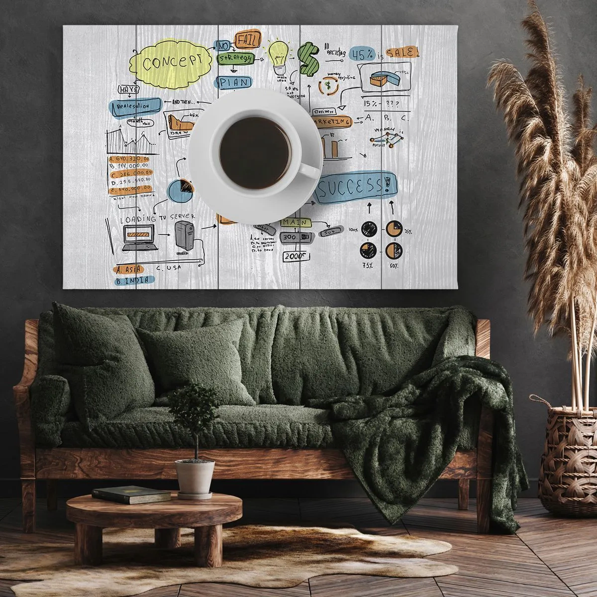 Impression sur toile - Image sur toile - Une tasse de café sur fond de dessin conceptuel - 120x80cm - Il est temps de faire une pause - Décoration murale moderne pour le salon et la chambre ARTTOR