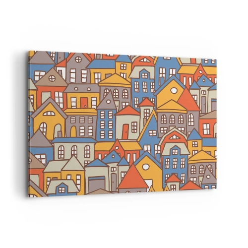 Impression sur toile - Image sur toile - Maisons colorées dans un style graphique sur fond clair - 100x70cm - Derrière la maison, une maison - Décoration murale moderne pour le salon et la chambre ARTTOR