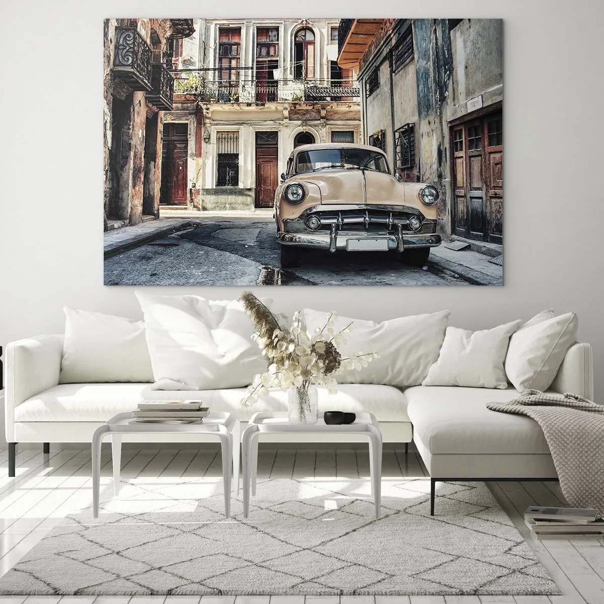 Impression sur verre - Image sur verre - Voiture rétro dans la rue de la vieille ville - 120x80cm - Sieste à La Havane - Décoration murale moderne pour le salon et la chambre ARTTOR