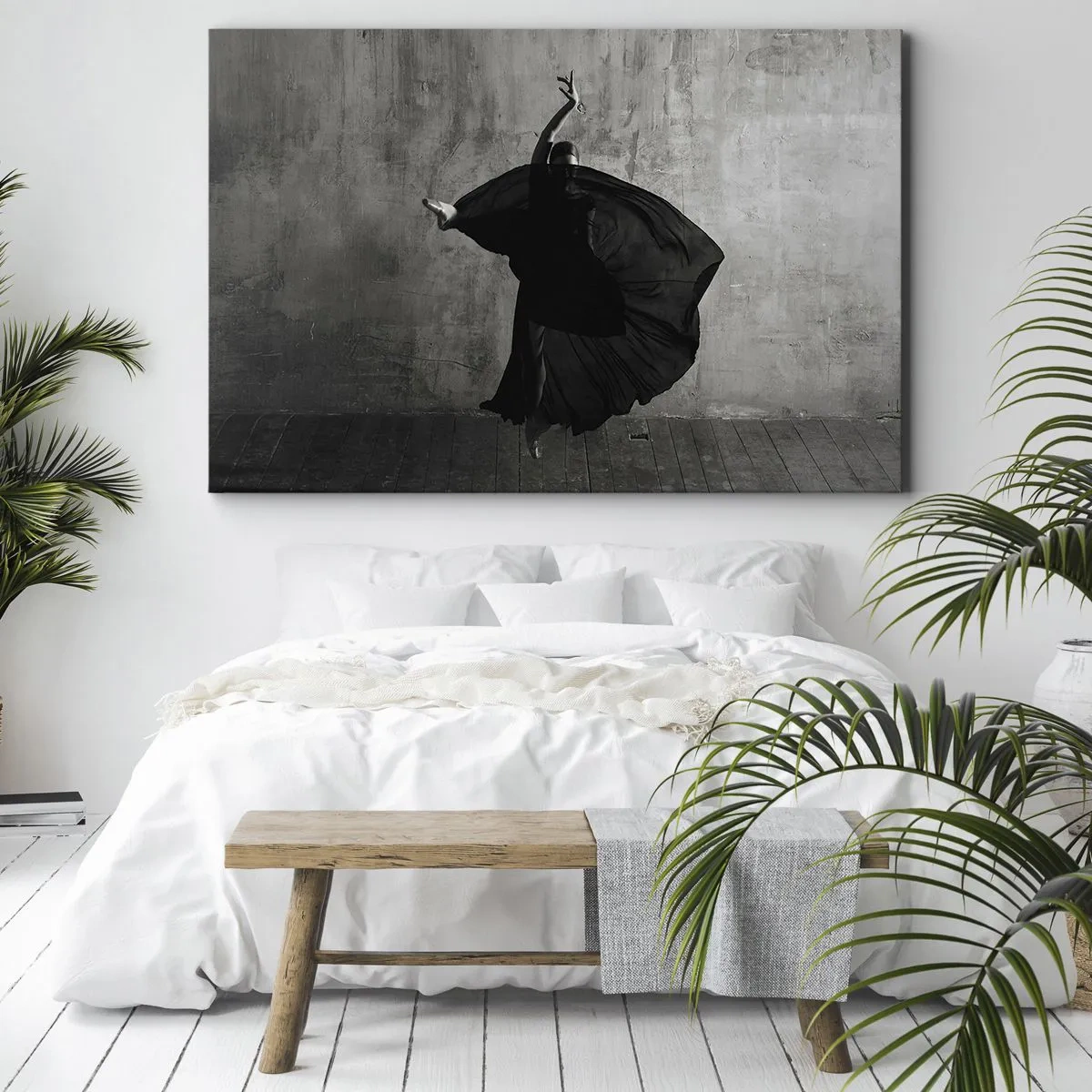 Impression sur toile - Image sur toile - Silhouette noire et blanche d'une danseuse en mouvement sur fond de mur - 100x70cm - Pas plein de passion - Décoration murale moderne pour le salon et la chambre ARTTOR