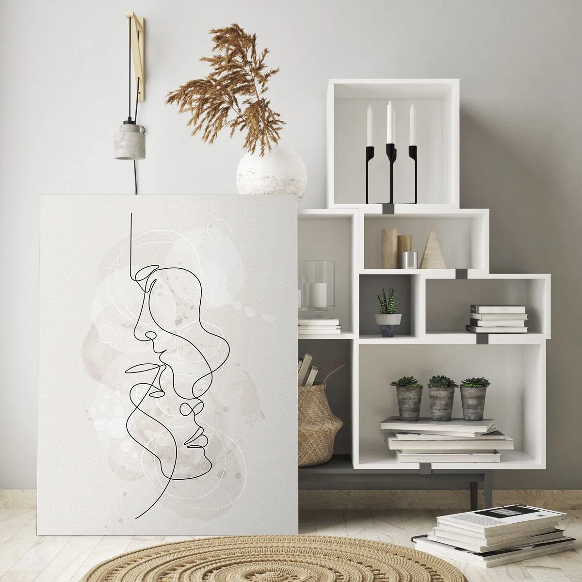 Impression sur verre - Image sur verre - Contour abstrait de deux visages sur fond clair - 80x120cm - Emmêlé dans une étreinte - Décoration murale moderne pour le salon et la chambre ARTTOR