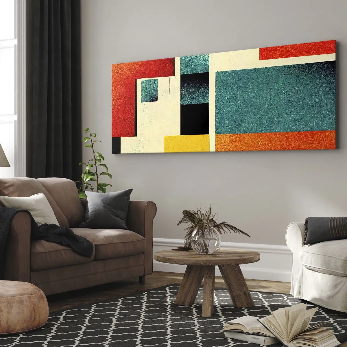Impression sur toile - Image sur toile - Abstraction géométrique avec des rectangles et des carrés colorés - 120x50cm - Abstraction géométrique – bonne énergie - Décoration murale moderne pour le salon et la chambre ARTTOR