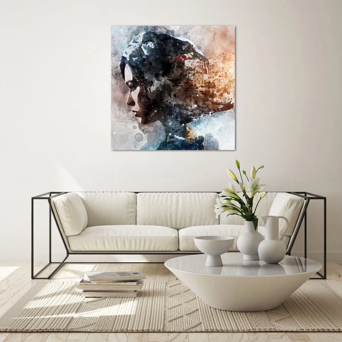 Impression sur verre - Image sur verre - L'histoire d'une fille avec une ville en arrière-plan - 50x50 cm