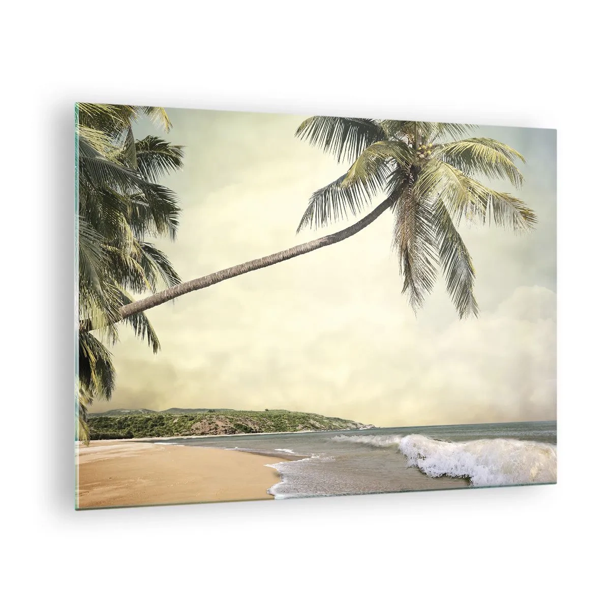 Impression sur verre - Image sur verre - Plage tropicale avec palmiers et vagues - 70x50cm - Rêve tropical - Décoration murale moderne pour le salon et la chambre ARTTOR